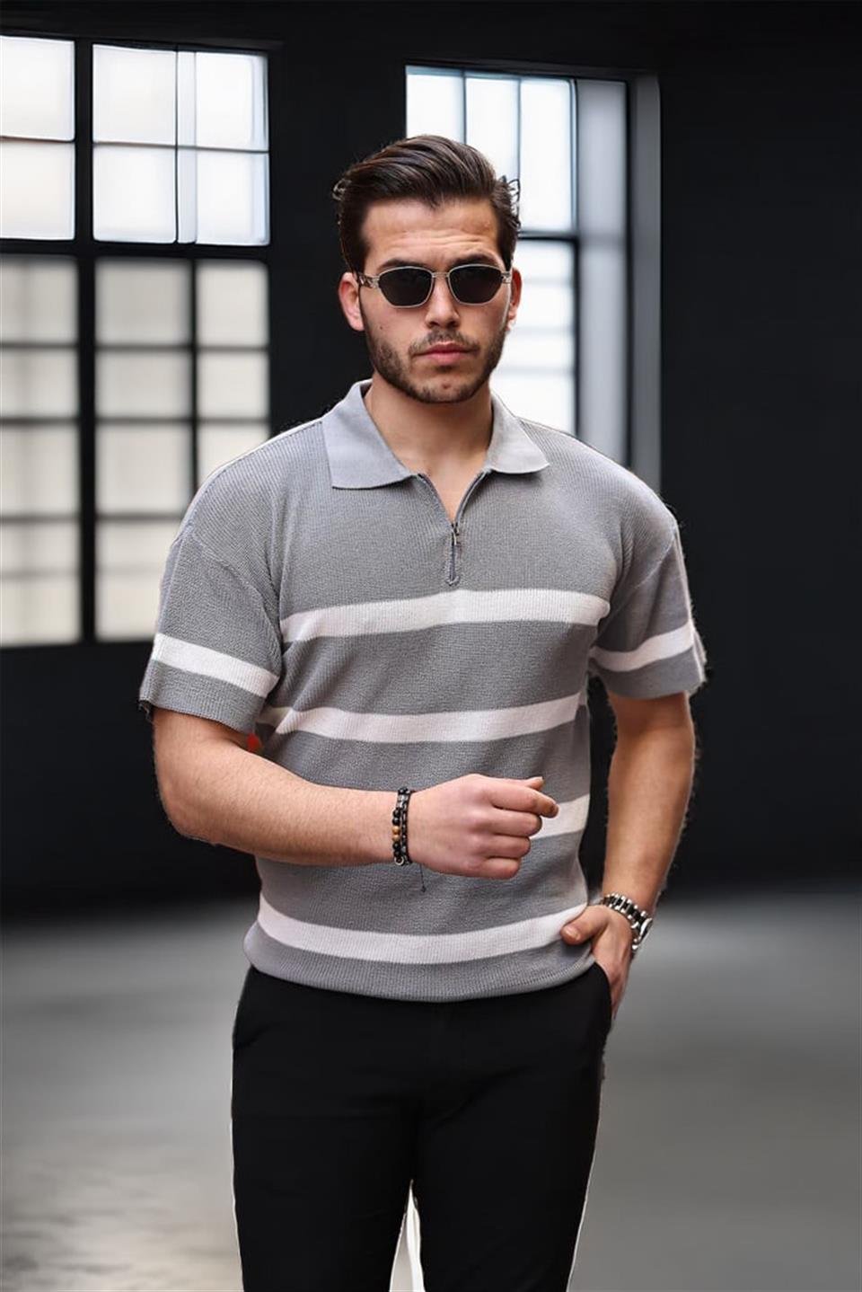 yarim fermuar çizgili oversize triko t - Justyol