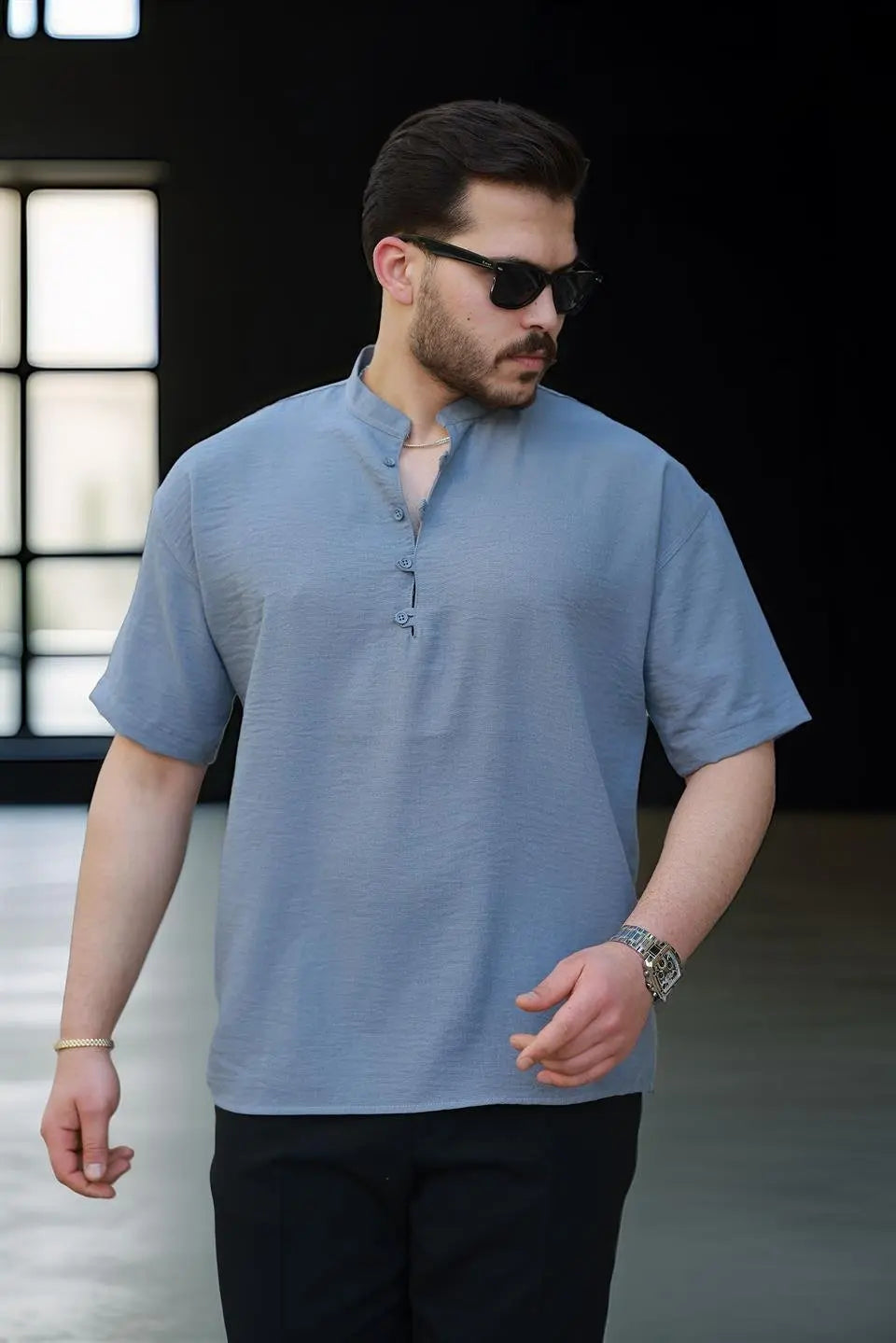 wes oversize yarim pat bambu kisa kol gömlek - Justyol