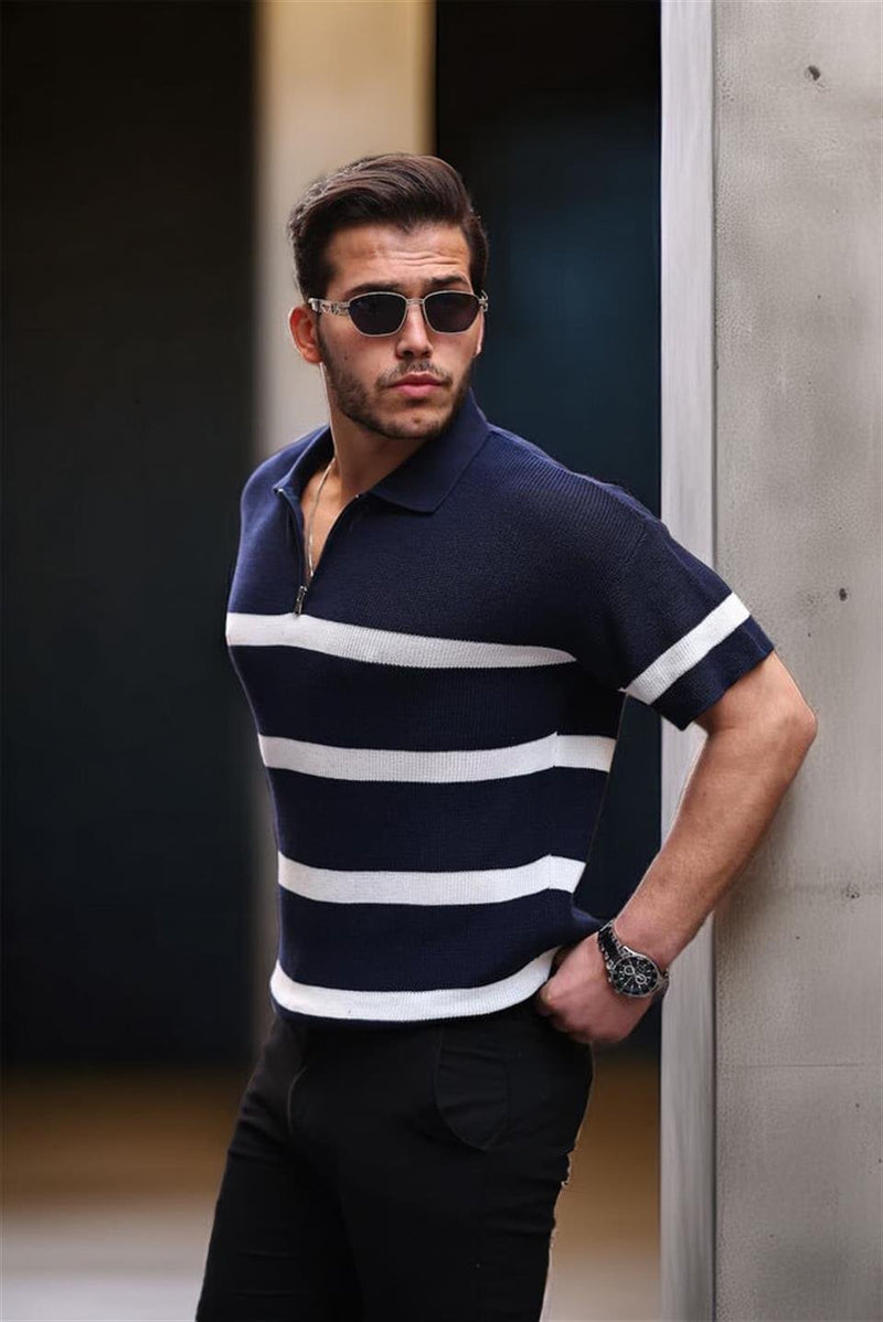 Polo Homme en Maille Oversize à Demi-Zip et Motif Rayé