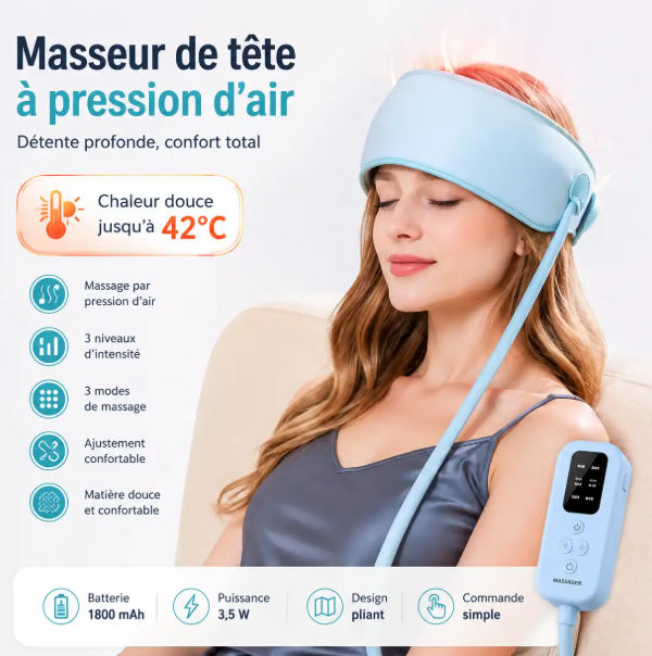 Masseur de Tête Électrique Chauffant 42°C, Massage du Cuir Chevelu par Pression d’Air, 3 Modes, Relaxation Anti-Stress