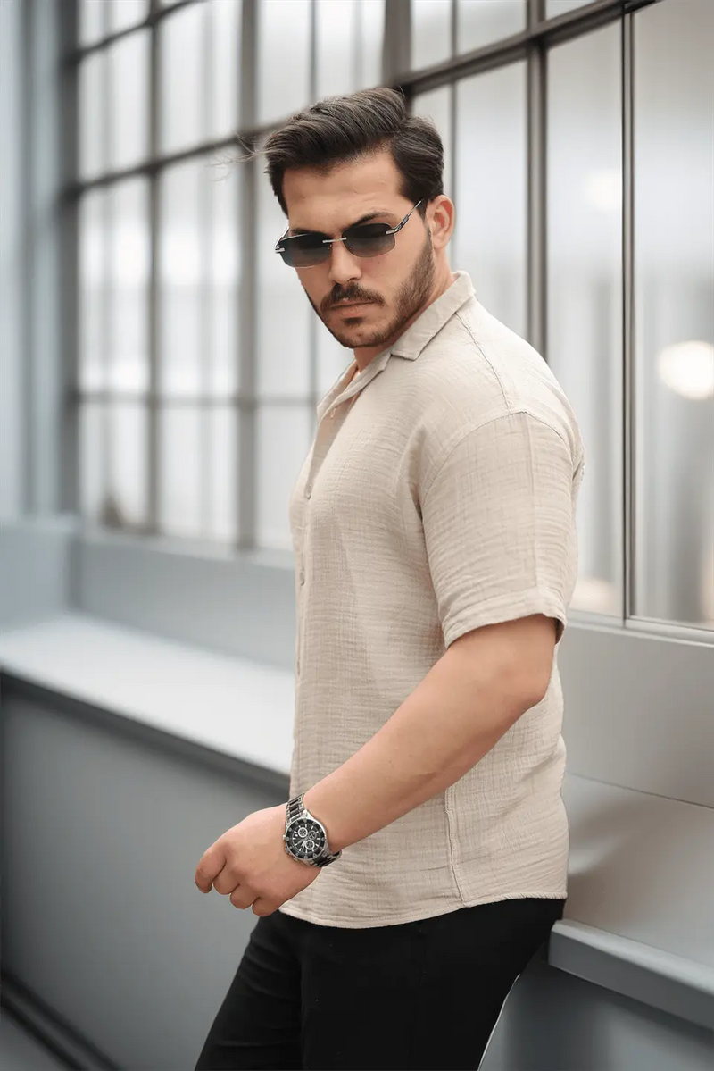 Chemise Homme en Mousseline à Col Cubain Coupe Confort