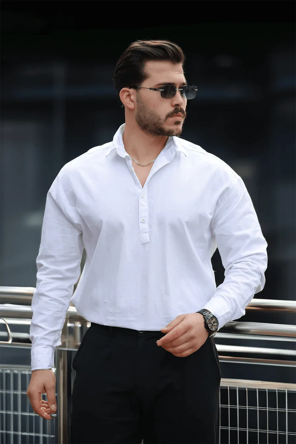 chemise homme col demi‑patte coton long manches - Justyol