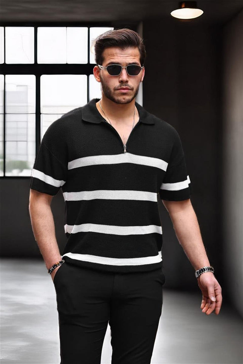 Polo Homme en Maille Oversize à Demi-Zip et Motif Rayé