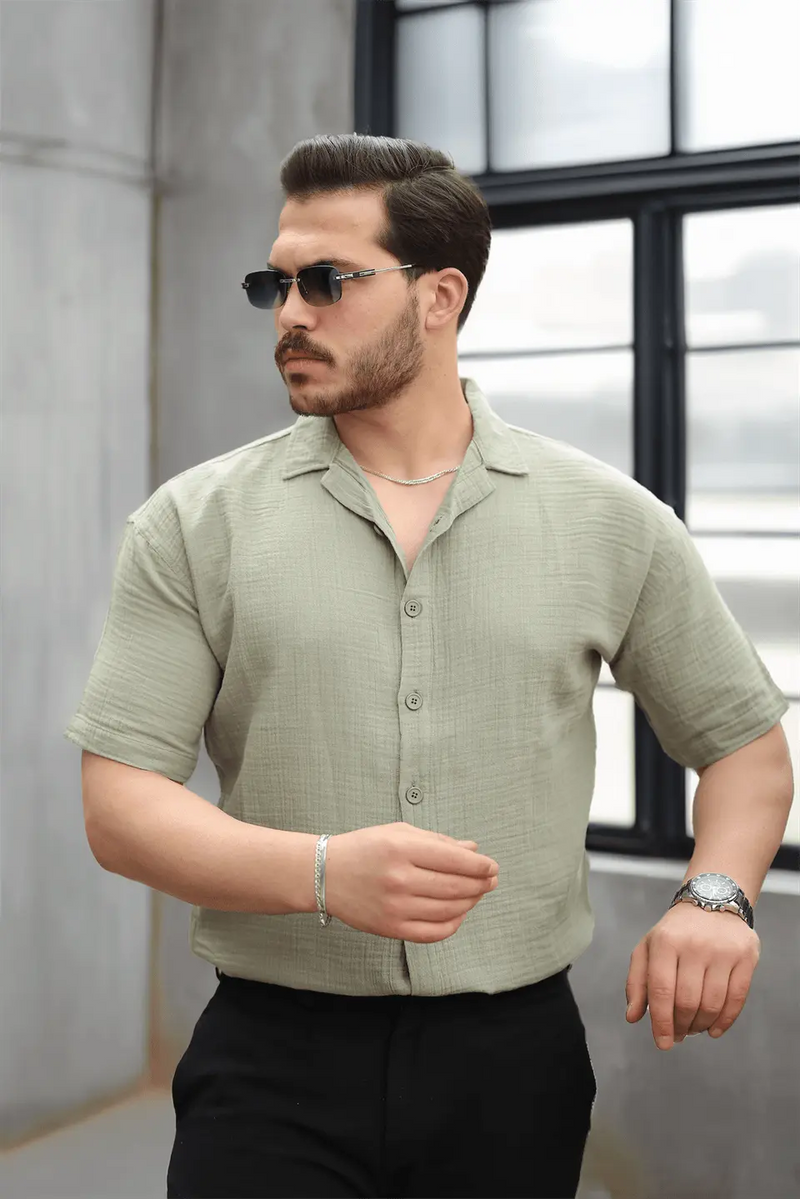 Chemise Homme en Mousseline à Col Cubain Coupe Confort