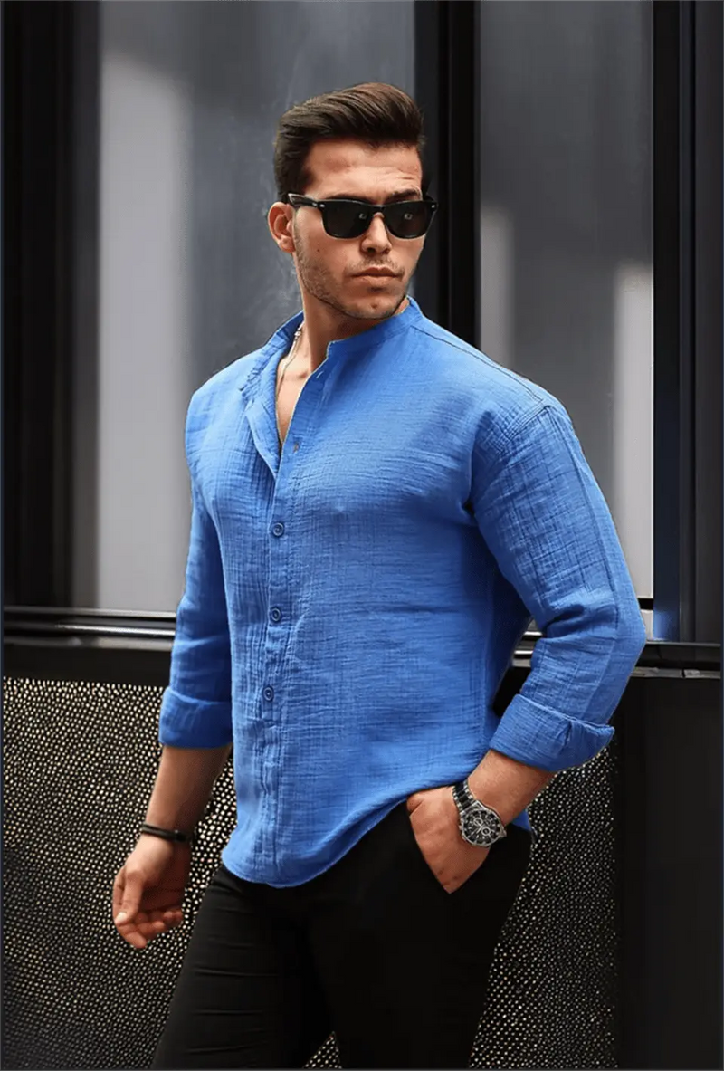 Chemise homme oversize en mousseline col mao demi-patte