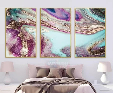 tableau abstrait de 3 morceau rose 130/70 cm sans cadre