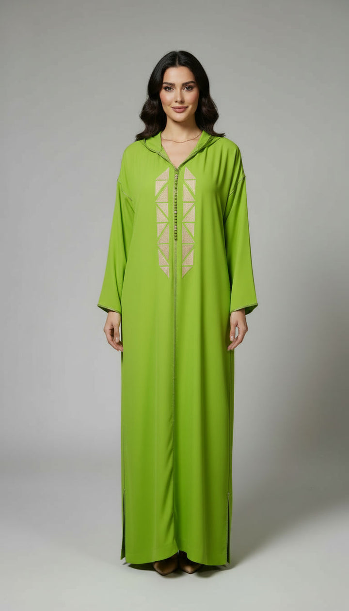 Djellaba Vert pomme en tissu crêpe brodé