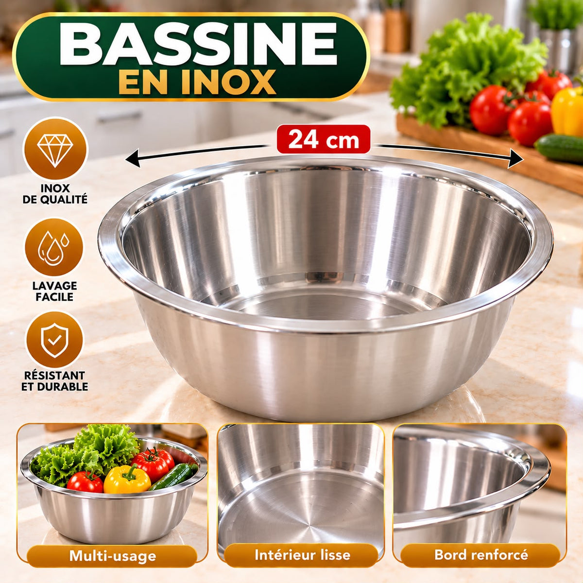 Bassine en acier inoxydable 24 cm pour la cuisine