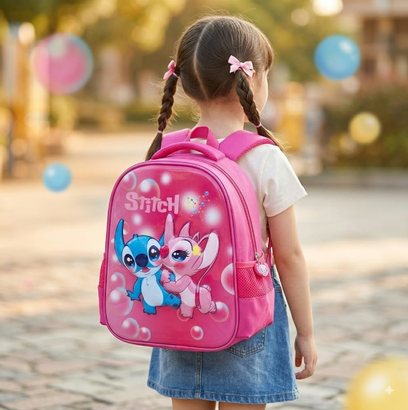 حقيبة مدرسية Stitch ثلاثية الأبعاد 3D بتصميم بارز وأحزمة مبطنة – للبنات