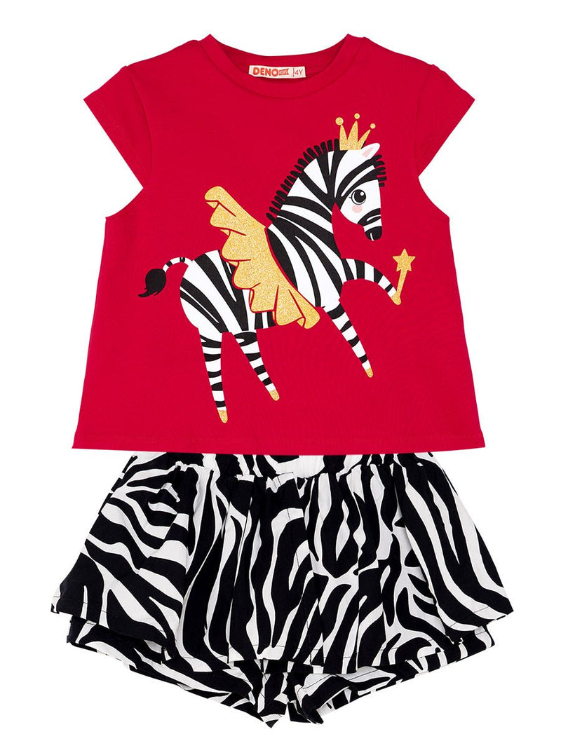 Ensemble Fille T-shirt Évasé Imprimé Zèbre et Short en Popeline