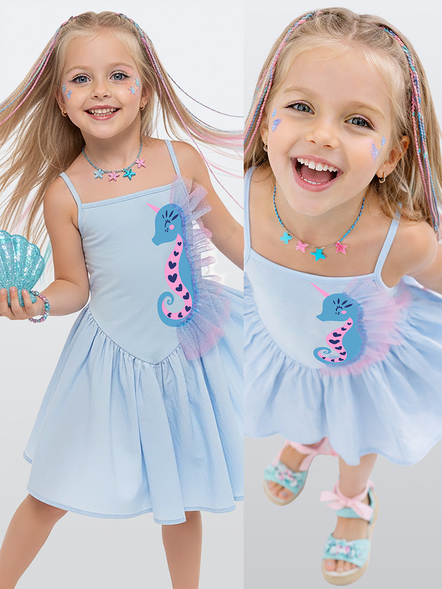 Robe Fille avec Motif Hippocampe & Détails Tulle – Robe Été Élégante et Féérique