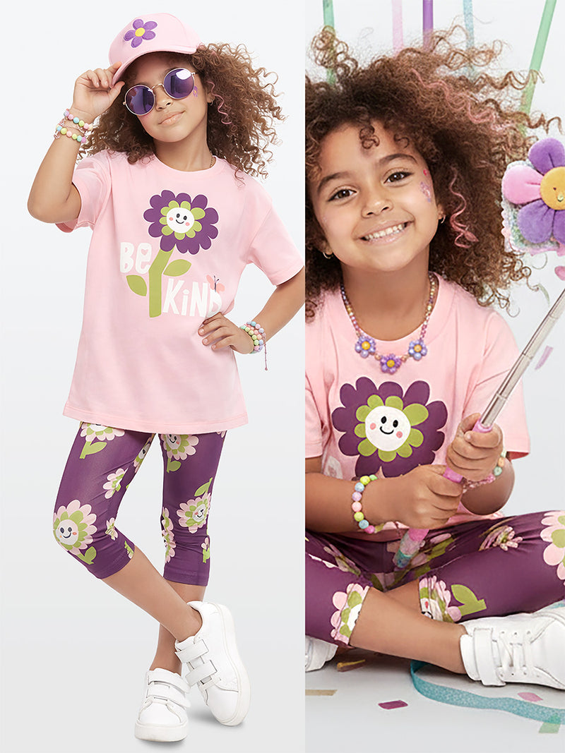Ensemble Fille T-Shirt et Legging Imprimé Fleurs – Rose et Violet