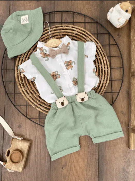 Ensemble Bébé Salopette et Chemise avec Chapeau Motif Ourson - Justyol