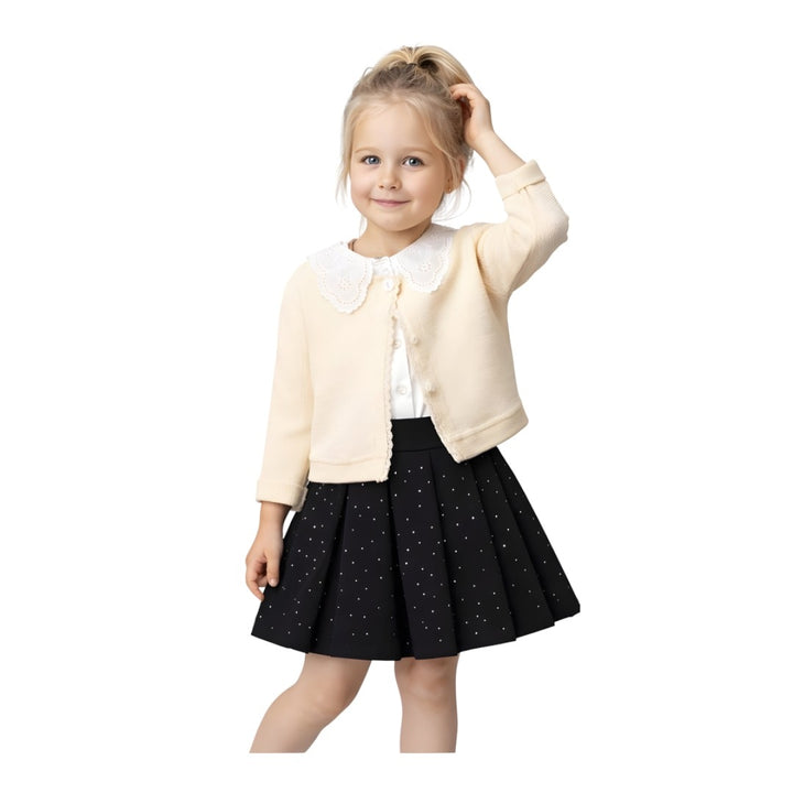 Ensemble 3 pièces avec cardigan, chemise à col en dentelle et jupe à strass
