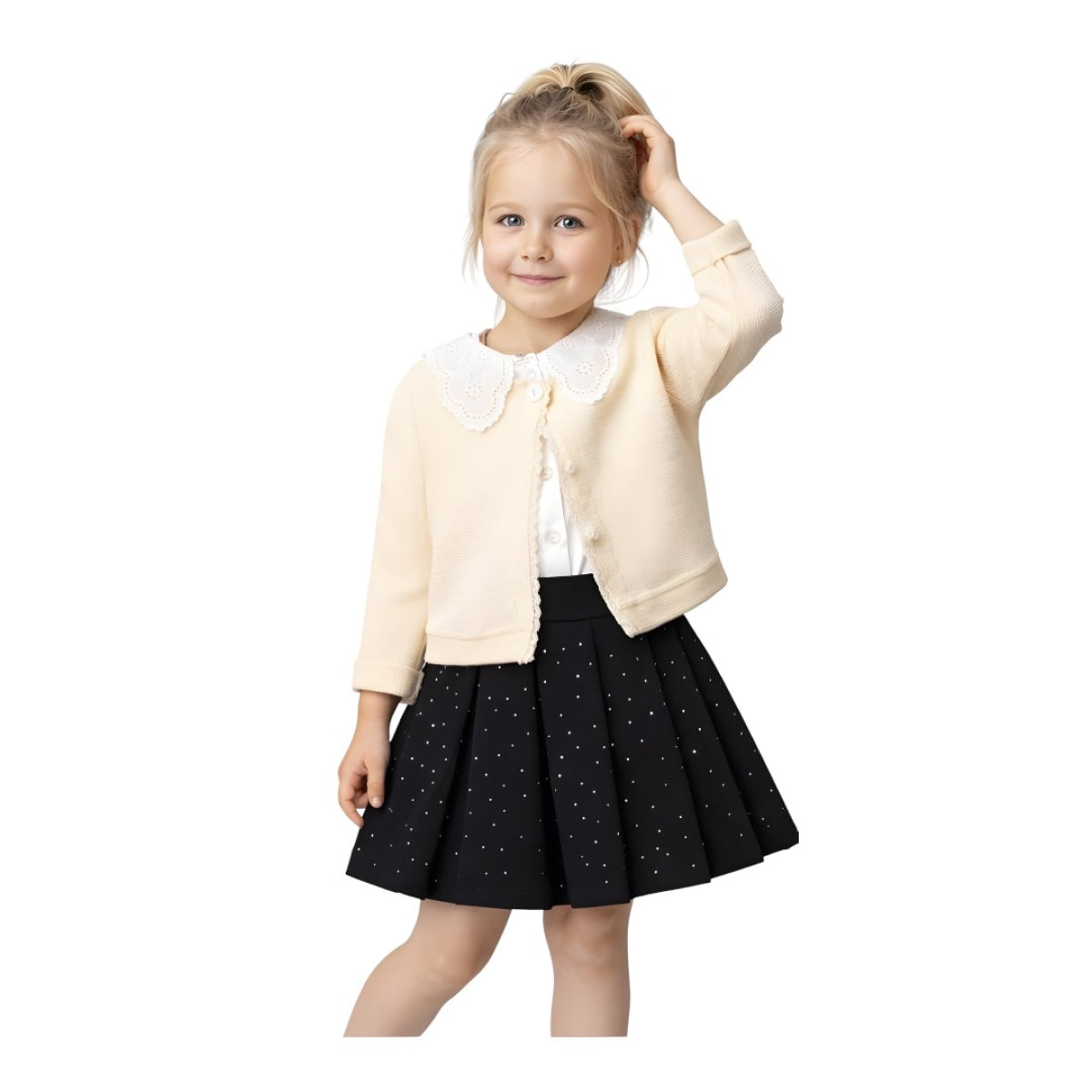 Ensemble 3 pièces avec cardigan, chemise à col en dentelle et jupe à strass