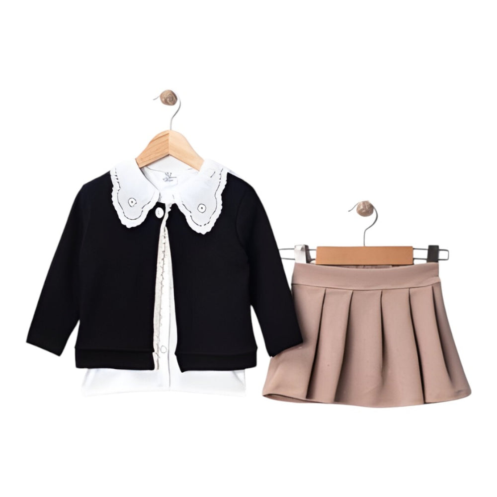 Ensemble 3 pièces avec cardigan, chemise à col en dentelle et jupe à strass