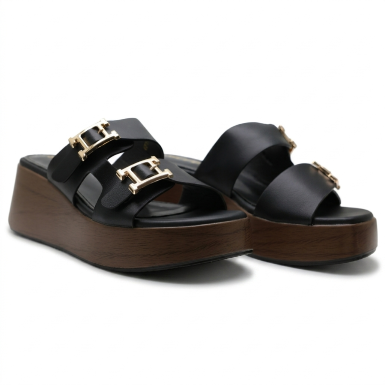 Mules Compensées Femme à Double Bride et Boucles Dorées