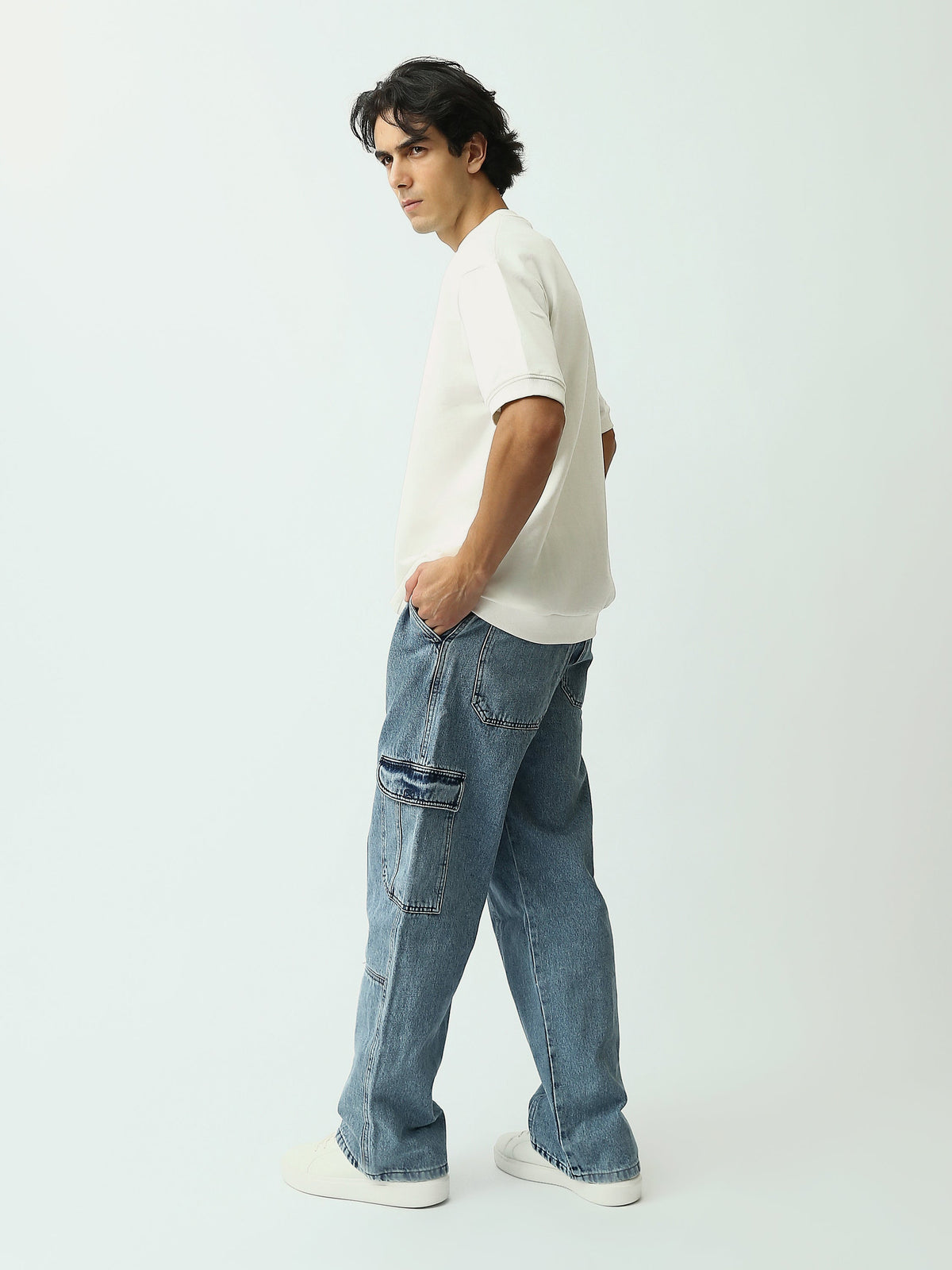 جينز كارجو رجالي بقصة Loose وجيوب جانبية – ستريت وير عصري - JOG25GDWL24014TM1
