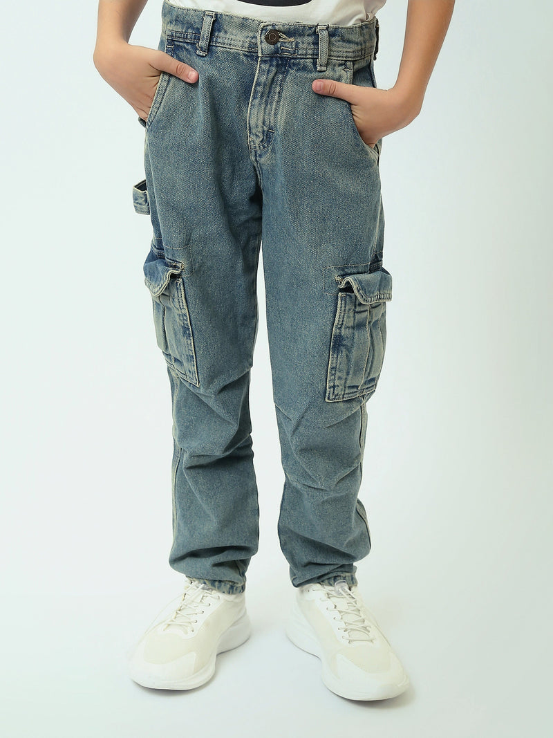 Jogger ado garçon style cargo en denim délavé avec poches à rabat - JOG25GDWL24276TJ1