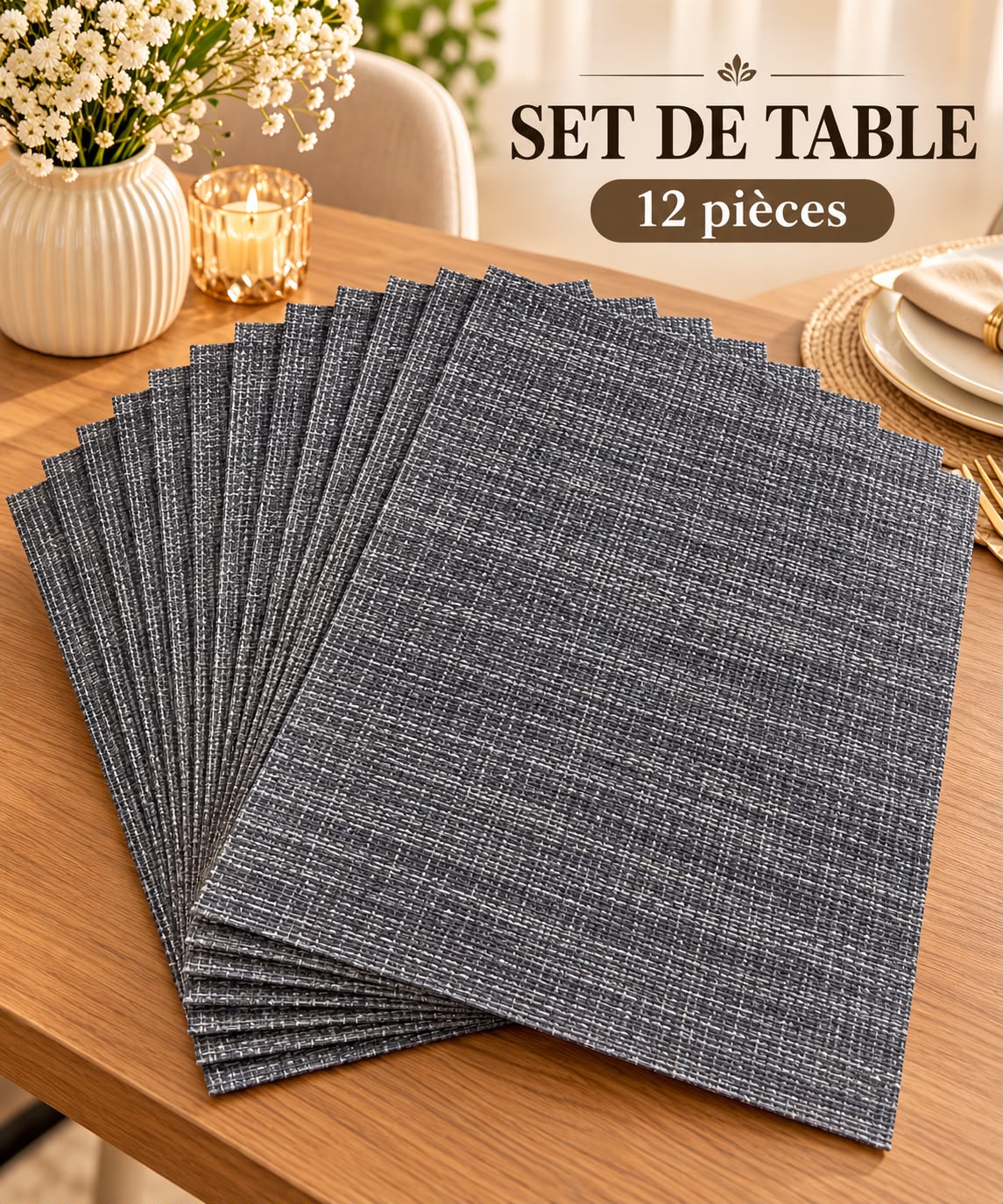 NAPPERSON - Set de 12 Sets de Table Gris beige– 45 × 30 cm