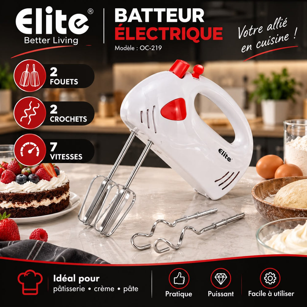 مضرب كهربائي يدوي Elite OC-219 بـ7 سرعات مع مضارب وخطافات للعجن