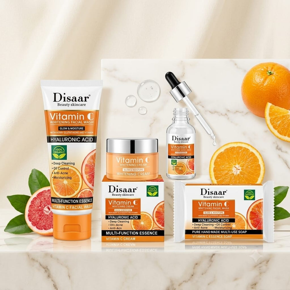 Pack Éclat Vitamine C 4 EN 1 Glow & Moisture Whitening Skin Care Ensemble Complet– Savon visage -Sérum visage- Nettoyant visage -Crème visage hydratante