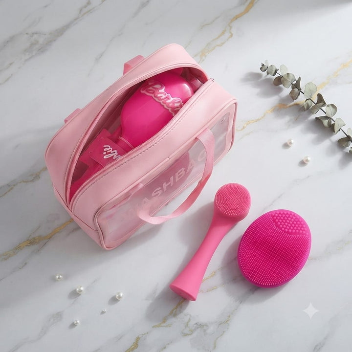 Kit de soins et trousse rose "WASHBAG" avec brosse Barbie et accessoires nettoyants de visage en silicone