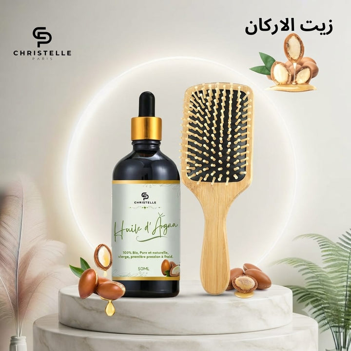 زيت الأرجان العضوي الطبيعي 100% مع فرشاة شعر خشبية فاخرة