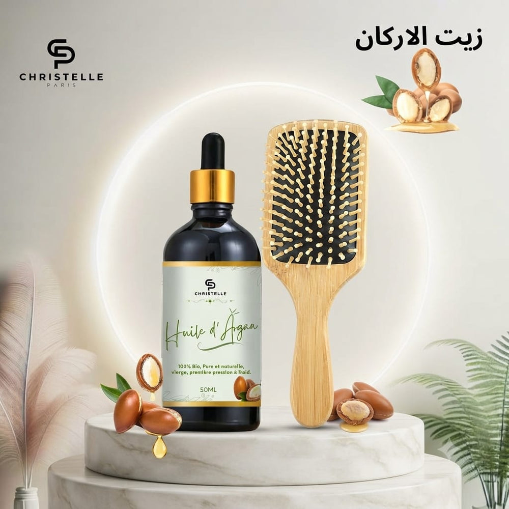 زيت الأرجان العضوي الطبيعي 100% مع فرشاة شعر خشبية فاخرة
