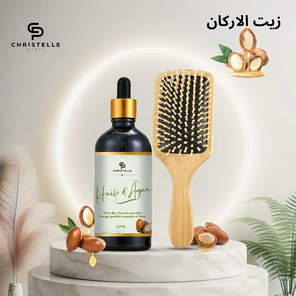 زيت الأرجان العضوي الطبيعي 100% مع فرشاة شعر خشبية فاخرة