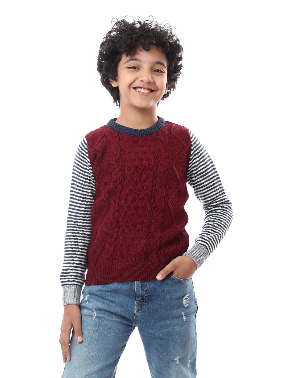 Pull Garçon en Maille Torsadée à Manches Contrastantes – Style Casual - PUL23WAYC27504TB1