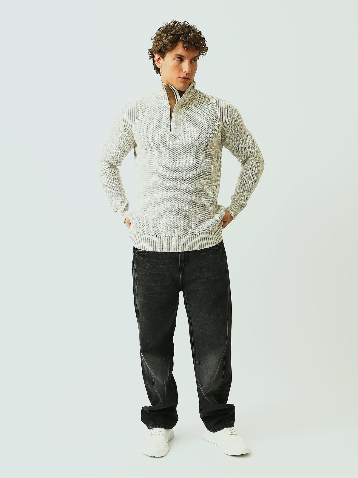 Pull Homme en Maille Texturée à Col Camionneur Zippé - PUL26WPPF27936TM1