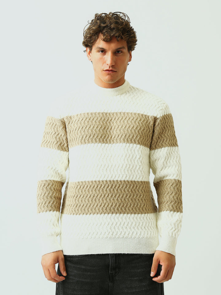 Pull Homme en Maille Texturée à Rayures et Motif Chevron - PUL26WPSR27872TM1