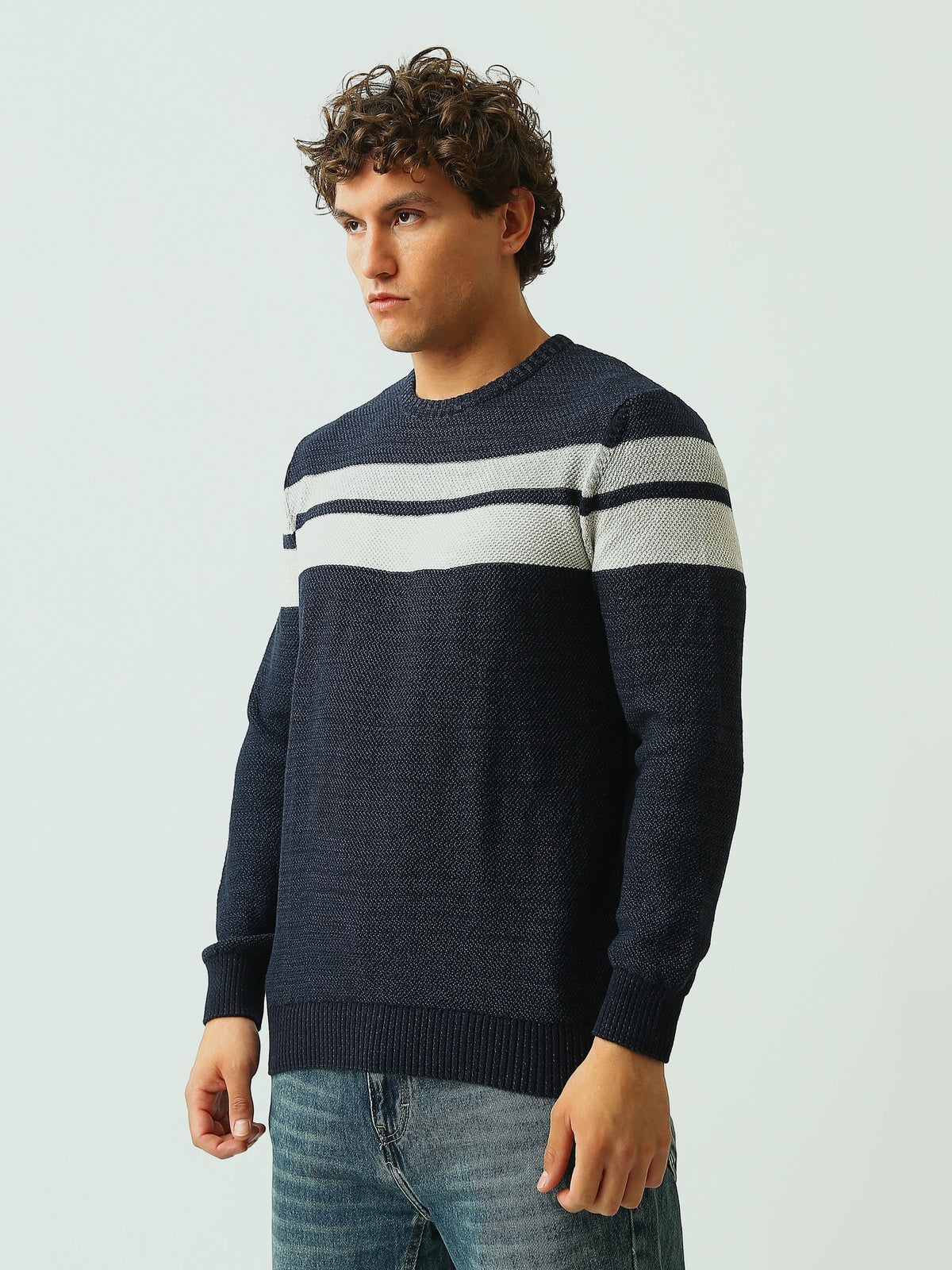 Pull Homme en Maille Texturée à Rayures et Col Rond - PUL26WPSR27888TM1