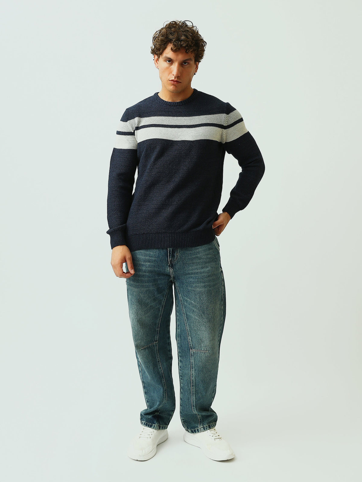 Pull Homme en Maille Texturée à Rayures et Col Rond - PUL26WPSR27888TM1