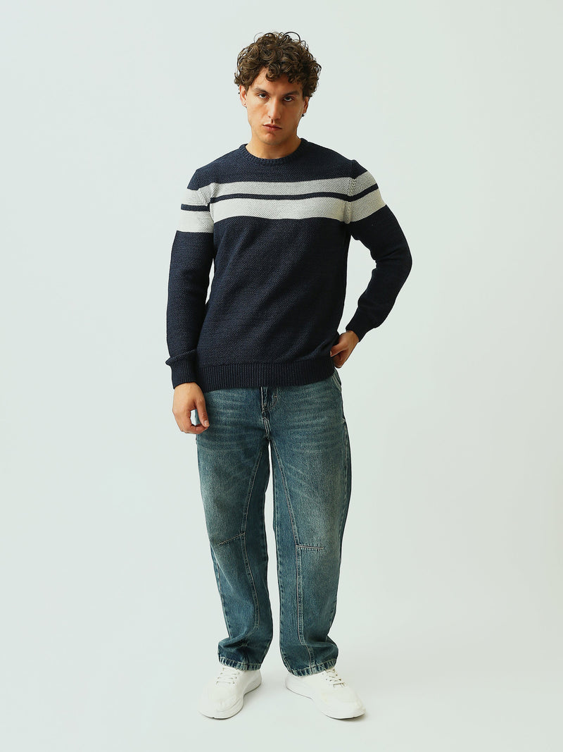 Pull Homme en Maille Texturée à Rayures et Col Rond - PUL26WPSR27888TM1