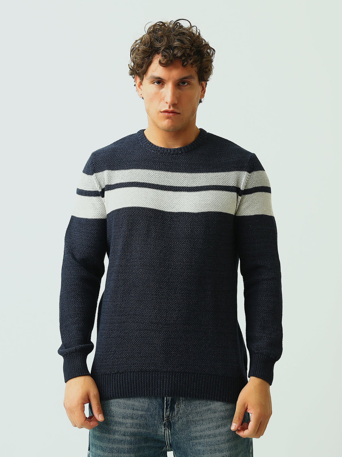 Pull Homme en Maille Texturée à Rayures et Col Rond - PUL26WPSR27888TM1