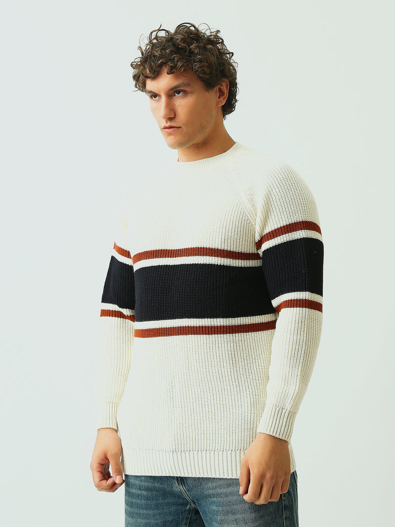 Pull Homme en Maille Côtelée à Rayures et Col Rond - PUL26WPSR27925TM1