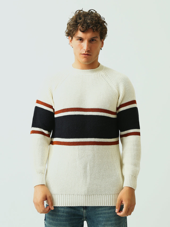 Pull Homme en Maille Côtelée à Rayures et Col Rond - PUL26WPSR27925TM1