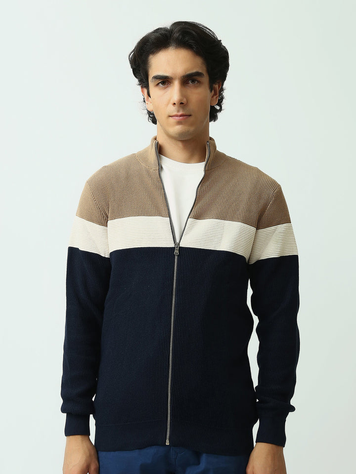 Gilet Homme en Maille Tricolore Zippé à Col Montant – Style Casual - PUL26WPSZ27854TM1