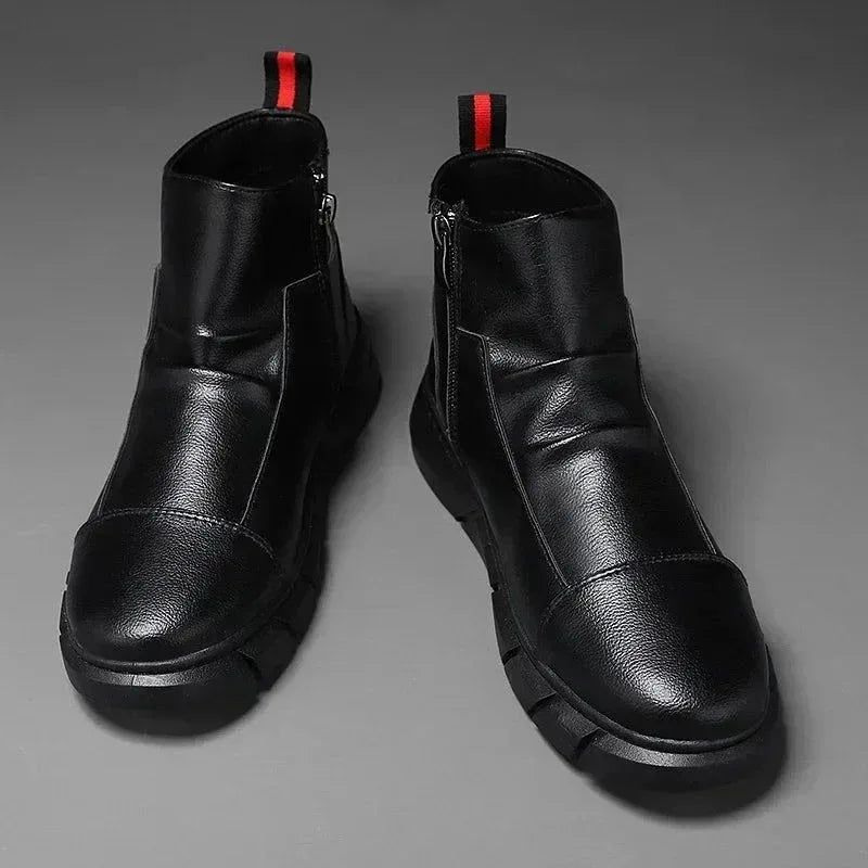 Bottes Homme Noires – Bottines en Cuir Mode, Chaussures à Plateforme et à Fermeture Éclair, Bottes Moto Confortables - Justyol