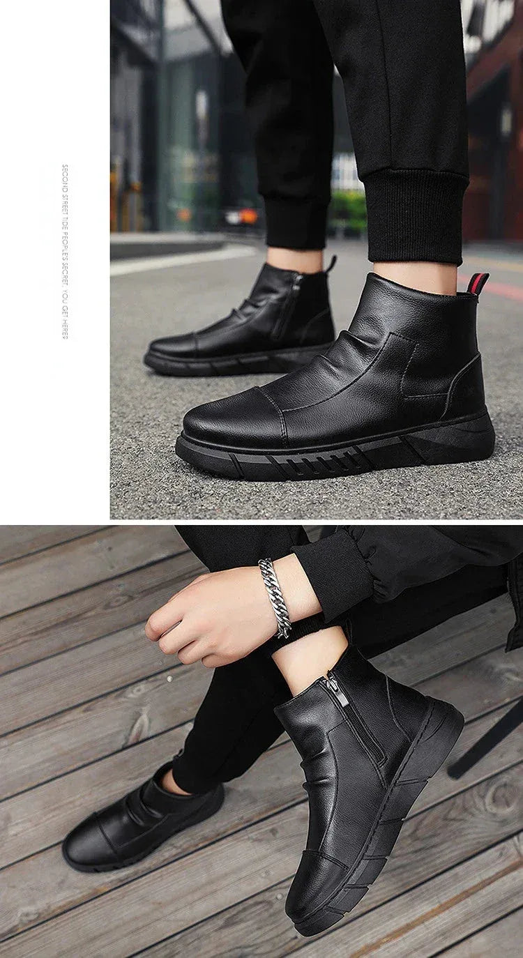 Bottes Homme Noires – Bottines en Cuir Mode, Chaussures à Plateforme et à Fermeture Éclair, Bottes Moto Confortables - Justyol