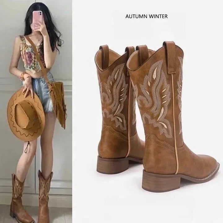 Bottes Femme Casual Modernes avec Broderie Élégante – Talon Large et Moyenne Hauteur