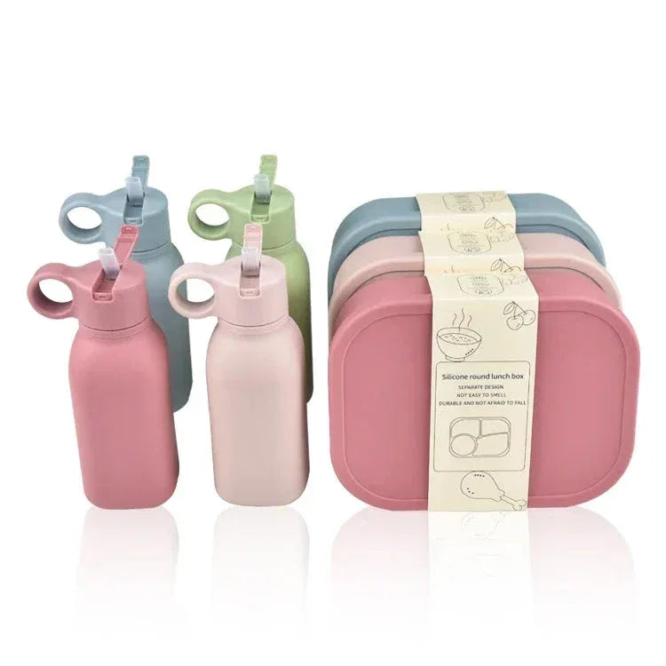 Set Bento en Silicone 4 Pièces – Boîte à Déjeuner, Bouteille d'Eau avec Paille, Contenant Étanche - Justyol