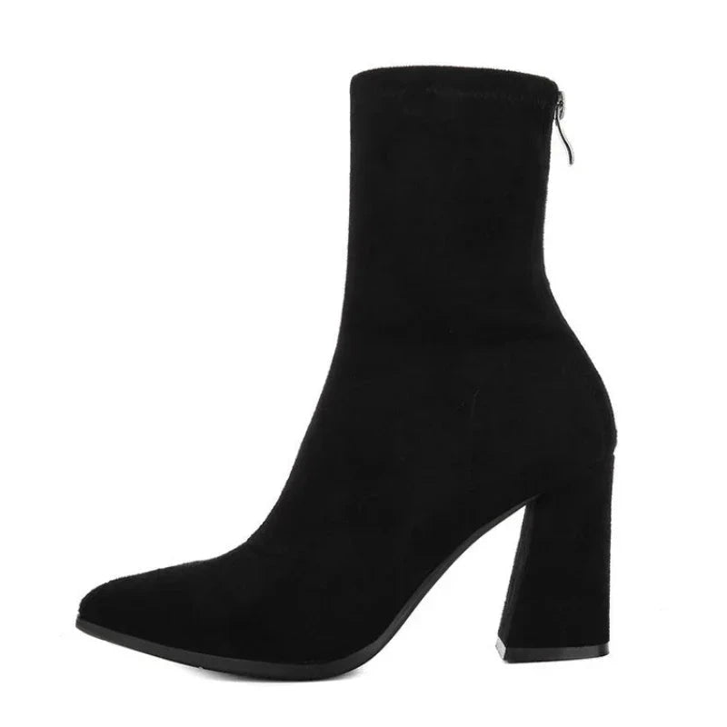 Bottes Chelsea Femme à Talon Haut – Bottines Suède avec Pointe Pointue, Talon Carré et Fermeture Éclair pour l’Automne/Hiver