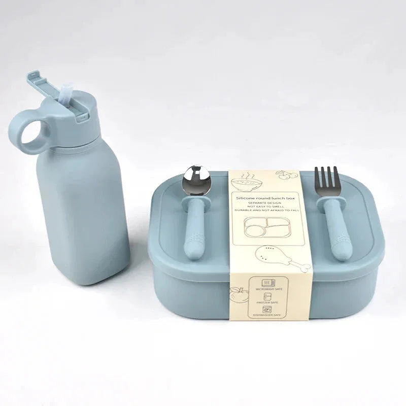 Set Bento en Silicone 4 Pièces – Boîte à Déjeuner, Bouteille d'Eau avec Paille, Contenant Étanche