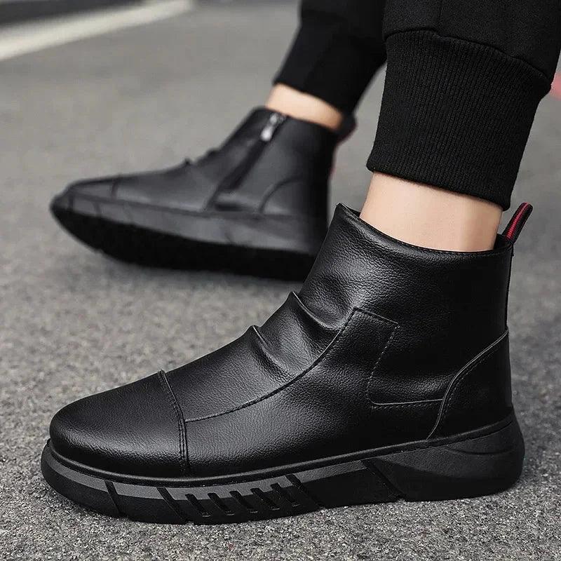 Bottes Homme Noires – Bottines en Cuir Mode, Chaussures à Plateforme et à Fermeture Éclair, Bottes Moto Confortables - Justyol