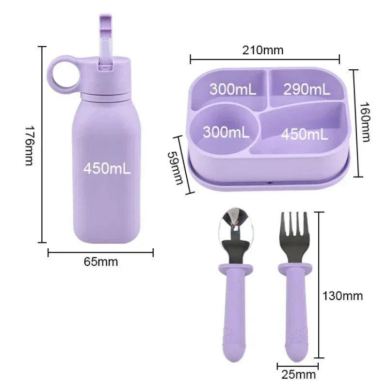 Set Bento en Silicone 4 Pièces – Boîte à Déjeuner, Bouteille d'Eau avec Paille, Contenant Étanche - Justyol