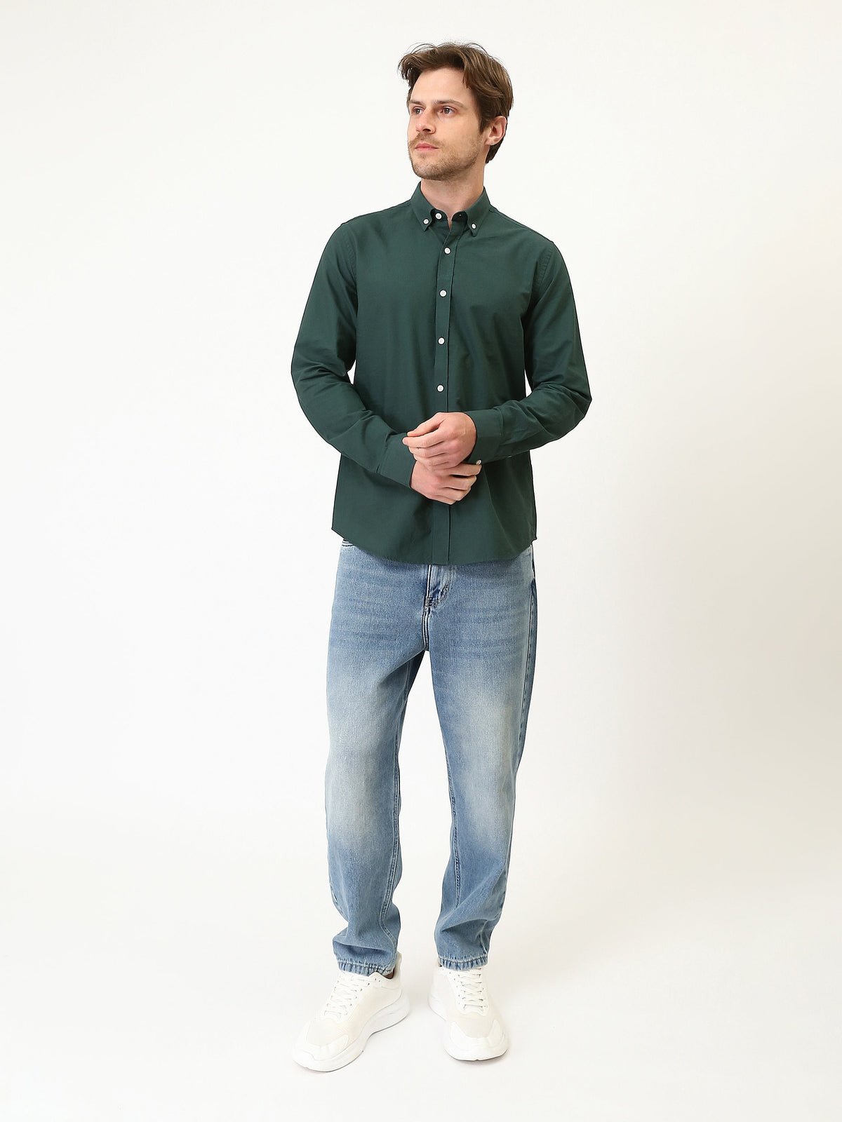 قميص رجالي سادة بأكمام طويلة وياقة Button-Down – كاجوال شيك عصري SHI25SEOR16950TM1