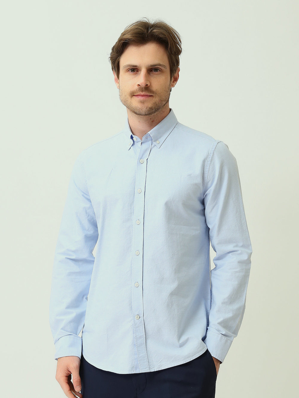 قميص رجالي سادة بأكمام طويلة وياقة Button-Down – كاجوال شيك عصري SHI25SEOR16950TM1
